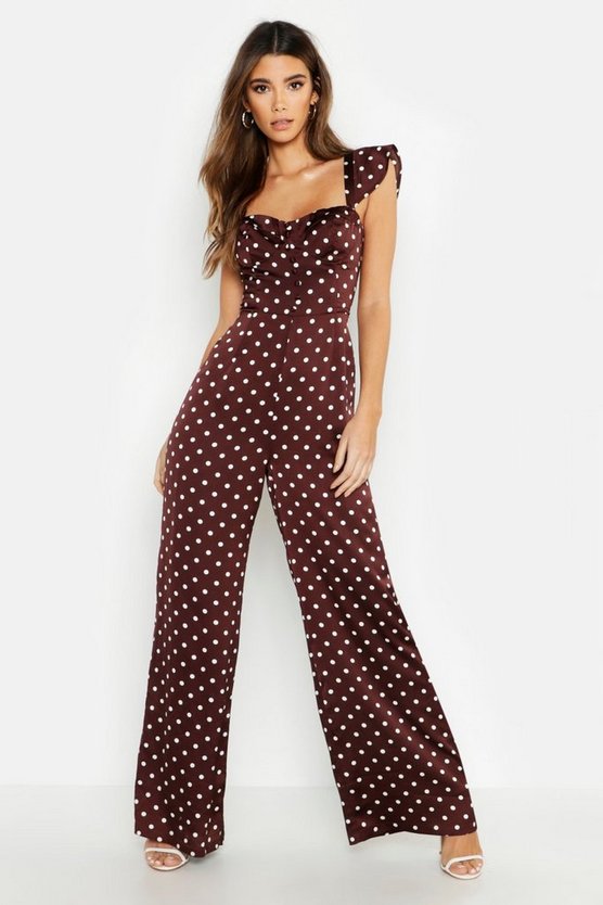 Polka Dot Satin Sweetheart Button Jumpsuit