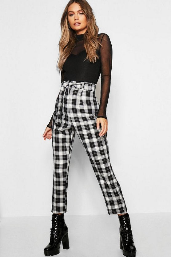 Woven Tartan Check Tie Waist Slimline Pants