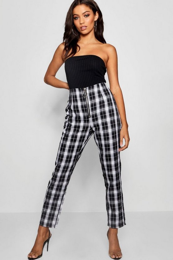 Woven Tartan Zip Front Check Slim Leg Pants