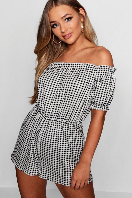 Gingham Off The Shoulder Gypsy Style Playsuit