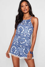 Load image into Gallery viewer, Blue Paisley Print Pom Trim Romper
