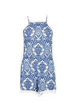 Load image into Gallery viewer, Blue Paisley Print Pom Trim Romper
