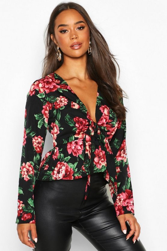 Woven Floral Tie Front Blouse