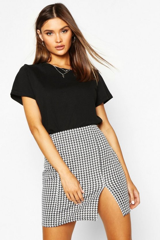 Large Dogtooth Front Split Mini Skirt