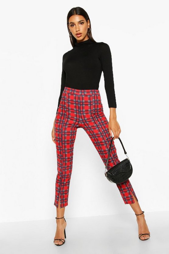 Split Front Tartan Skinny Stretch Trousers