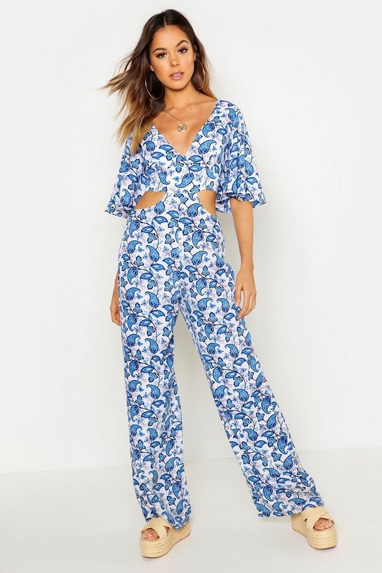 Lace Up Open Back Porcelain Print Jumpsuit