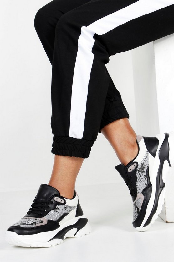 Snake Contrast Panel Chunky Sole Trainers