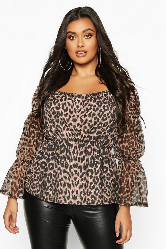 Plus Leopard Mesh Sleeve Sqaure Neck Peplum Top