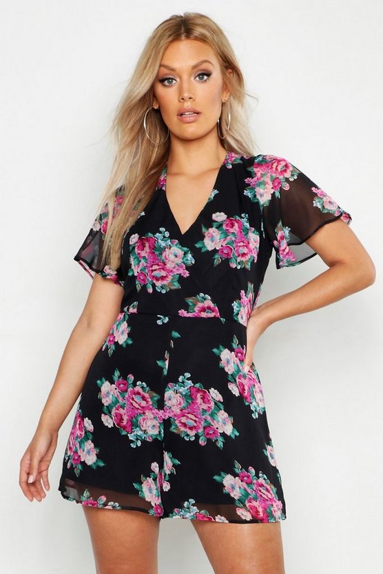 Plus Floral Print Wrap Front Playsuit